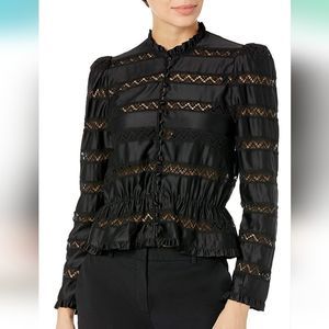 The Kooples Long Sleeve Satin Top With Horizontal Lace Stripes.